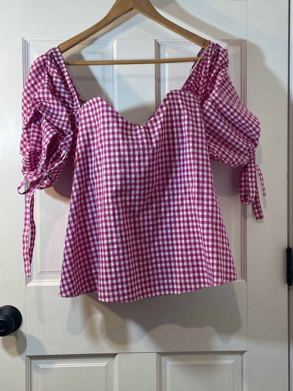 Caroline Constas Pink Gingham Puff-Sleeve Blouse size M